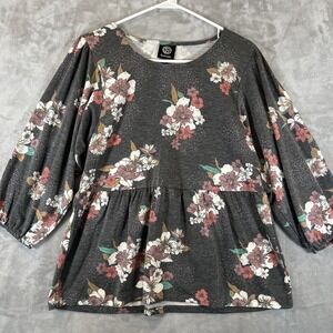 Bobeau Babydoll Top Gray Floral Balloon Sleeve Pleated Womens Medium Soft Blouse